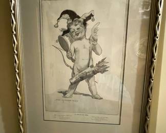 Signed and framed. Cupid in Jester Hat. Titled "A Contented Fool". By James Montgomery Flagg in1907. James Flagg was the artist who first gave us the still famous "Uncle Sam Wants You" war time poster.