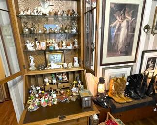 Vintage art deco secretary/curio displaying multiple collections of vintage items, including Disney.