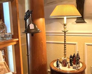 Vintage cast iron pedestal style lamp. Heavy decorative wooden column. Set of nine, ceramic, hand painted nativity figures.