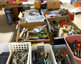 Huge collection of hand tools, snippers and wire cutters, scissors, screw drivers, etc.
