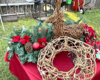 Unusual wood stick wreath and reindeer.