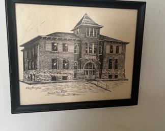 Pencil print of Towanda High School.  1 framed 1 not