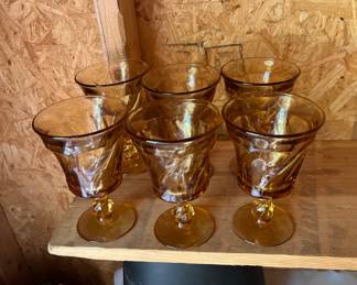 Set of 6 Vintage MCM Fostoria Jamestown Amber Swirl Glasses