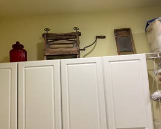 Antique washboard and clothes wringer