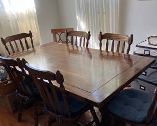 Solid pine trestle dining table with 6 chairs