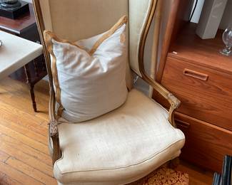 Cream and wood wing back chair 44.5”tall  x 2’ wide 