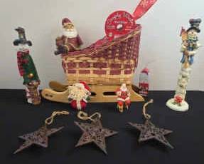 Sleigh Basket, Snowman, And Santa