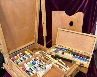 Easel Plain Air Box With Bob Ross Paint Set, Palate And Reeves Water Color Boxed Set