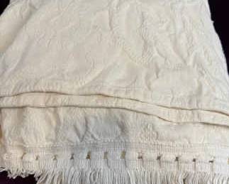 Cream Color Raised Pattern Bed Spread With Fringe