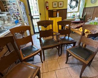 5 Antique dining chairs with leather padded seats 