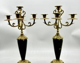 Pair Vintage Rococo Brass & Stone Candelabras