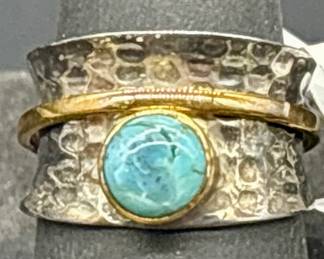 Sterling Silver & Brass w/ Turquoise Ring, Sz. 8