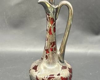 Ruby Red Decanter & Stopper w/ Silver Overlay