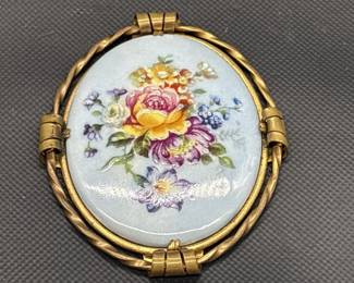 Limoges Porcelain Brooch w/ Hand Painted Flowers