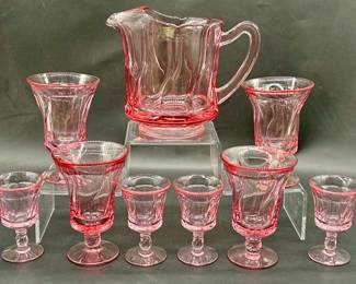 (9) Vtg. Fostoria Jamestown Pink Pitcher Set
