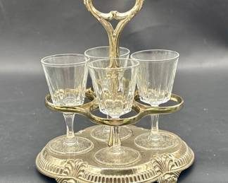 Vintage Crystal Cordial Set w/ Silver Plate Stand
