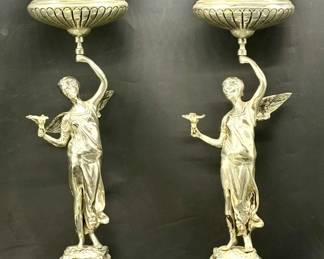Vtg. Pair Art Nouveau Chromed Angle Centerpieces