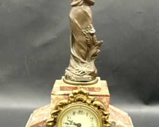 Antique Art Nouveau Bronze & Marble Mantle Clock