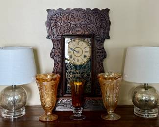 Gingerbread clock, Mercury Glass Lamps and Amber Glass Vases
