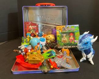 Metal Lunchbox Full Of Small Vintage Toys Collector Cards