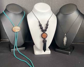Copper And Stone Bolo Tie With Macrame Necklace And Pendant With 925 Clasp