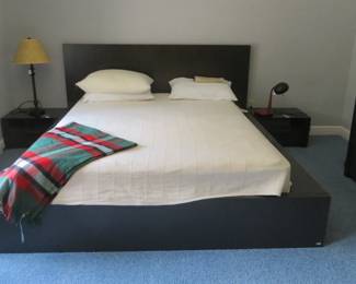 EG-3 Canadian bed frame with storage, black 6 drawer dresser and two nightstands. 
