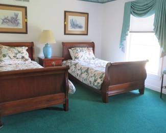 Gorgeous pair of elaborately detailed twin sleigh beds and a Lexington 3 drawer nightstand. 