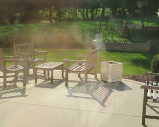 Vintage distressed wood patio furniture.