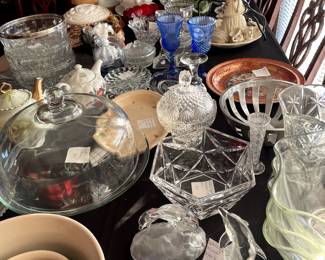 various crystal and serving pieces
