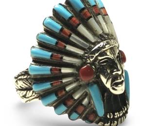 Sterling Turquoise Tribal Inlay Chiefs Head Ring
