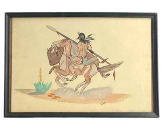 Signed R.F. John Gouache On Paper âBuffalo Huntâ