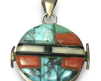 Yazzie Sterling Turquoise Coral Mosaic Pendant
