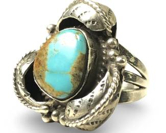 Vintage Native American Silver Turquoise Leaf Ring