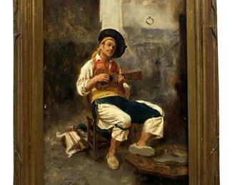 Antique Signed Oil on Panel of a Western Musician