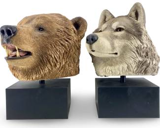 2pc Brue Sandicast Wolf Bear Heads Sculpture