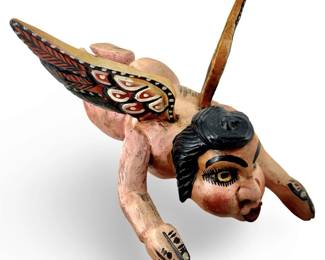 Mexican Wooden Carved Folk Art Cupid Sculpture
