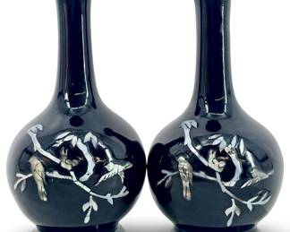 2pc Korean Mother of Pearl Brass Vases