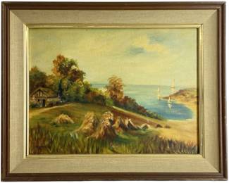 Signed Oil On Canvas Haystacks Near River