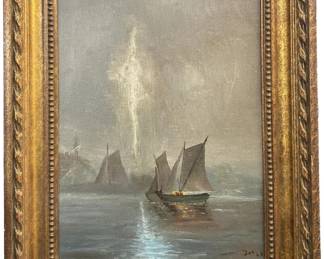 Signed Fox Nautical Ship Oil on Canvas