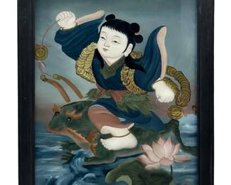 Chinese Reverse Glass Painting of Child on Toad