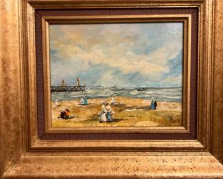 157a. Signed Oil on Board Seaside Scene by Mouchy (13" x 16")