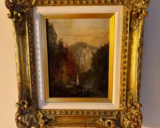 67. Oil on Board Mountain Scene w/ Carved Gold Frame (14" x 15")