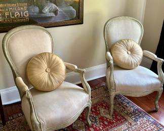 54. Pair of Armchairs w/ Painted Frame (24" x 19" x 37") 53. Red Hand Knotted Rug (58" x 41")
