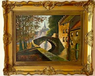 131. Signed Oil on Canvas of a Canal (37" x 29")