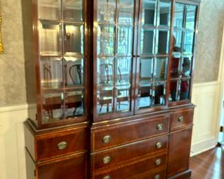 82. Antique Secretary/China Cabinet w/ Beveled Glass Doors & Inlay Detail (72" x 18" x 92")