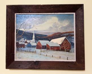 122. Signed Oil on Canvas Winter Scene w/ Church & Barns by M. Annibal in Rustic Wood Frame (35" x 28")