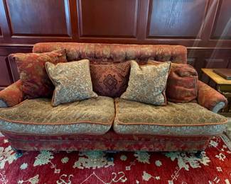 140. Red & Tan Hand Knotted Rug (76" x 97")
144. Jacquard Upholstered 2 Cushion Sofa w/ Tufted Back  (81" x 41" x 35")