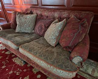 140. Red & Tan Hand Knotted Rug (76" x 97")
144. Jacquard Upholstered 2 Cushion Sofa w/ Tufted Back  (81" x 41" x 35")