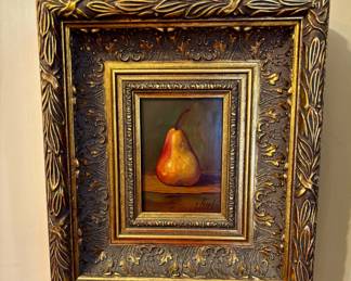 71. Signed Oil on Board of Pear w/ Gold Carved Frame (10" x 12")