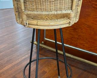 92. Set of 6 MCM Danny Ho Fong Style Swival Bar Stools w/ Wrought Iron Bases (16" x 38") (seat 29")